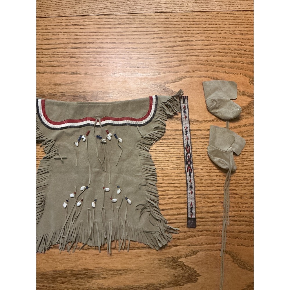 Miniature Suede Leather Doll Outfit Beaded Fringed Top Shells Headband Booties